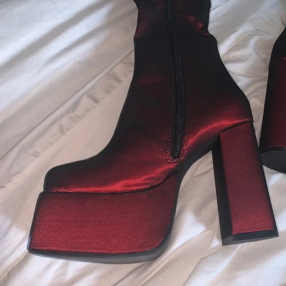 DollsKill Rare Know My Worth Platform Boots Current Mood Red Mesh Thigh High - Picture 7 of 10